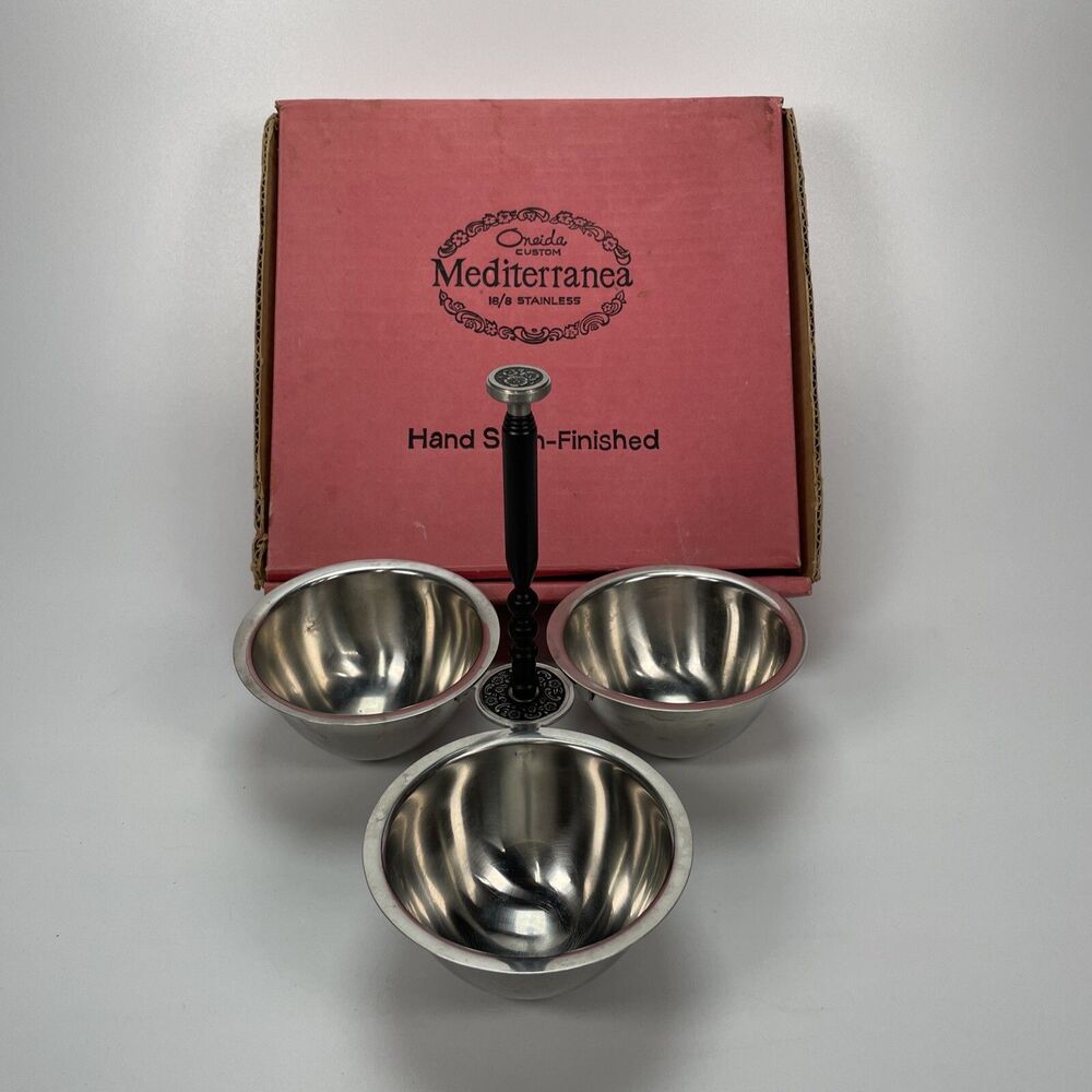 Vintage Oneida Custom Stainless 18/8 Condiment Relish 3 Bowl Server Original Box